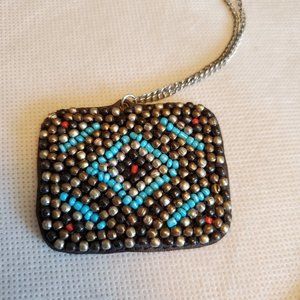 28" Silver Tone Rectangle Pendant Necklace Native